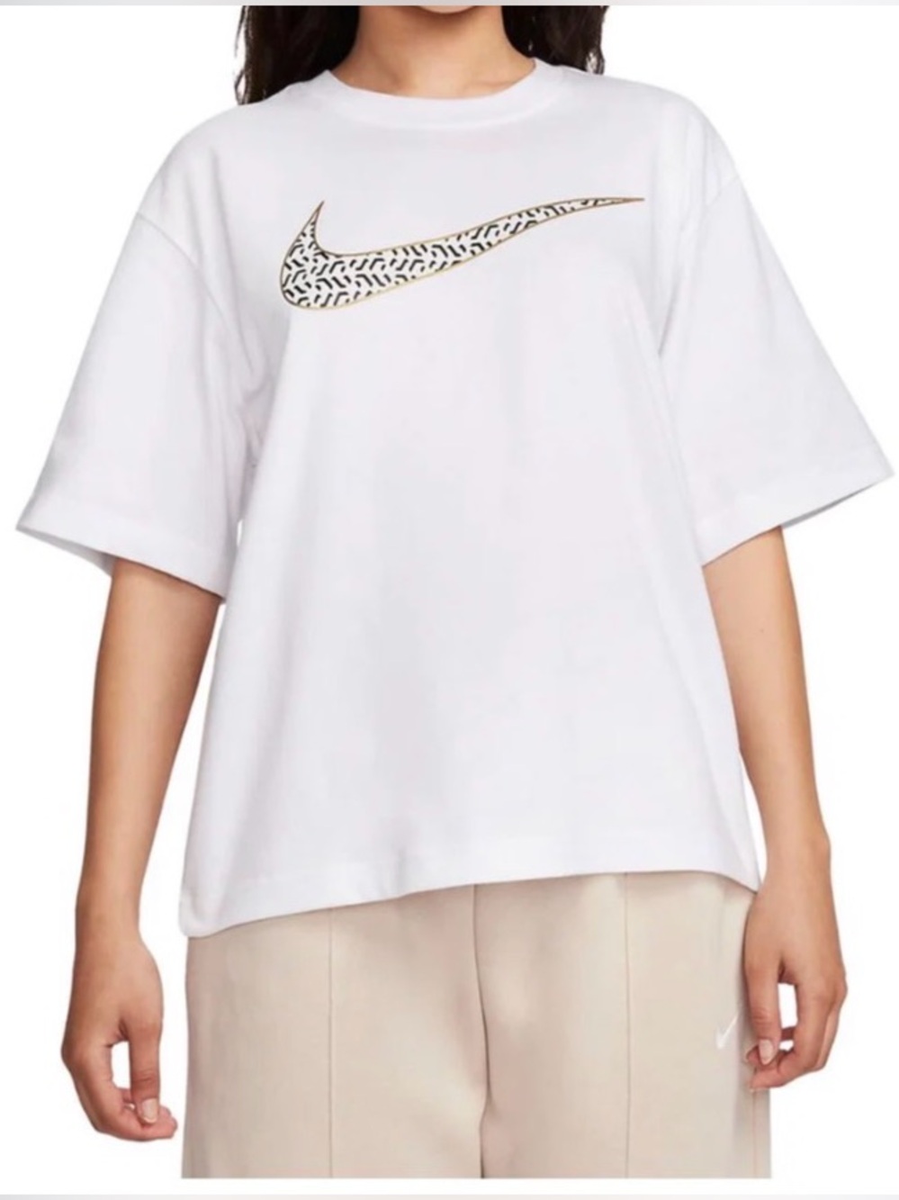 Nike White Short-Sleeve Tee with Gold Leopard Swoosh